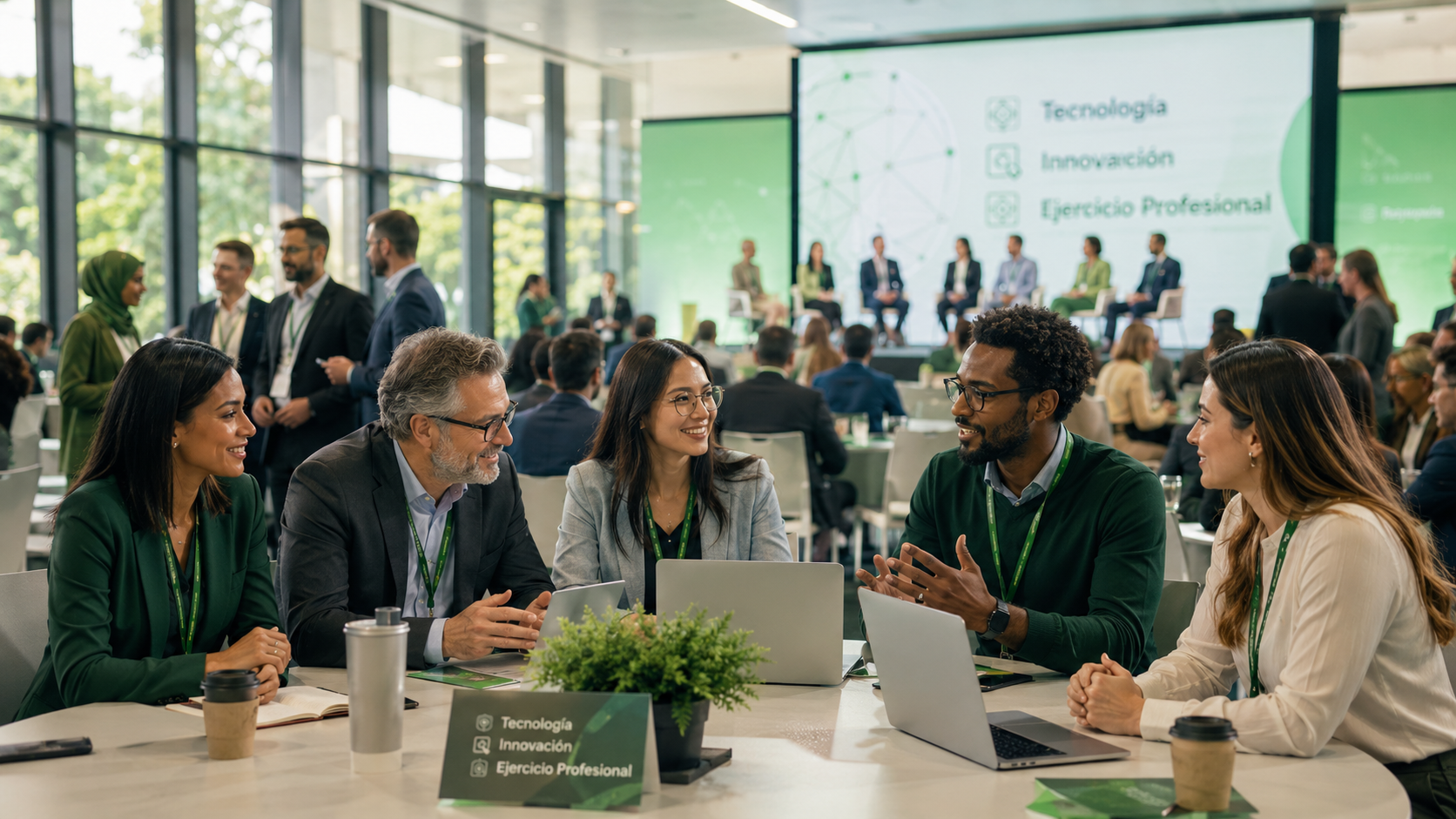 Académicos y profesionales conversando en un congreso sobre tecnología, innovación y ejercicio profesional