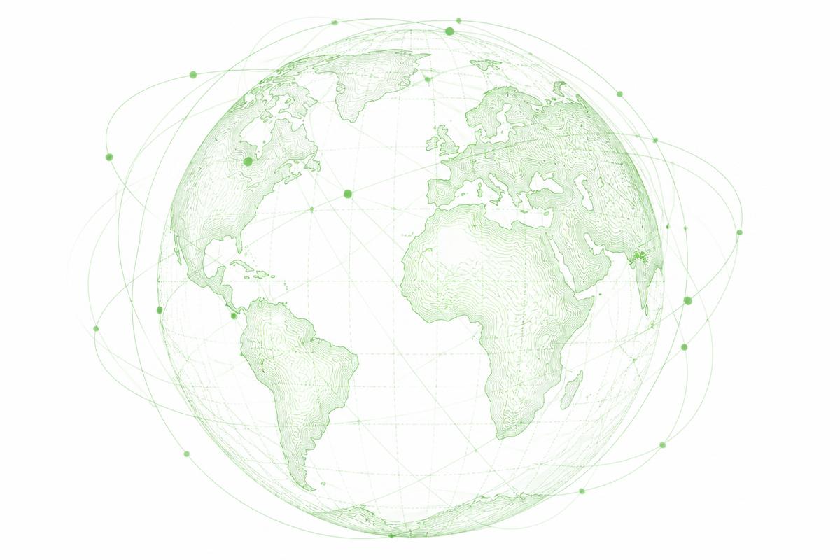 Globo terráqueo formado por líneas verdes con conexiones internacionales